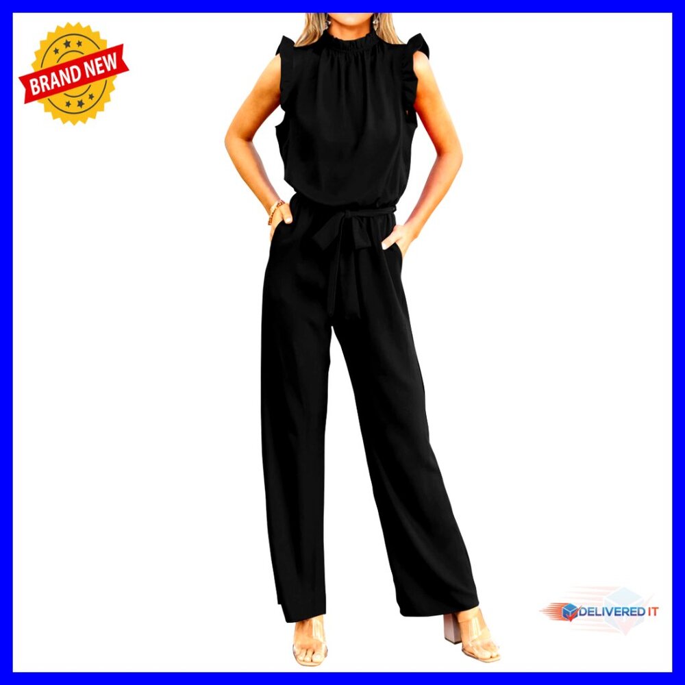 Sleeveless Ruffle Mock Neck Jumpsuit Wide Leg Formal Chic Elegant Party Wear